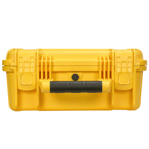 A yellow HeartSine watertight hard case with black handles.