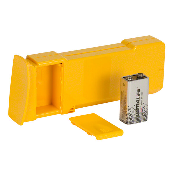 A yellow battery case with two yellow and black batteries inside.