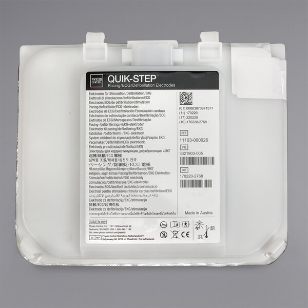 A white plastic container with a white label and black text reading "QUIK-STEP" for Physio-Control LIFEPAK CR2 AEDs.