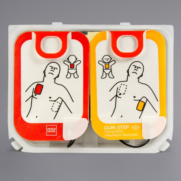 A package of Physio-Control Adult and Child AED electrode pads with images of a man and a child.