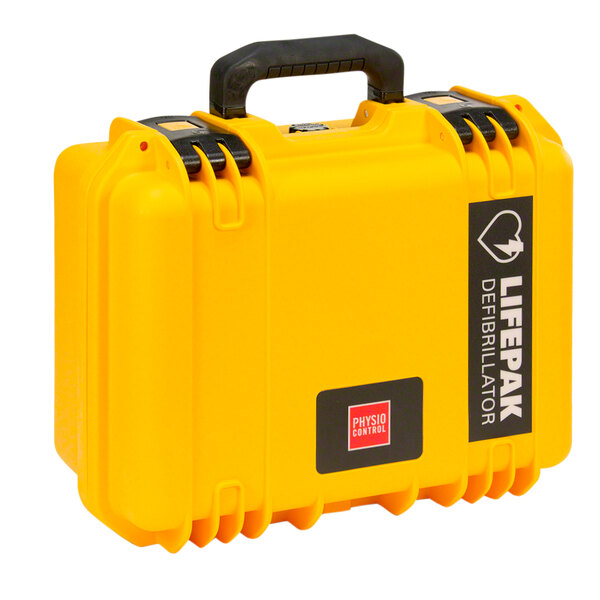 A yellow Watertight Hard Case for LIFEPAK AEDs with black handles.