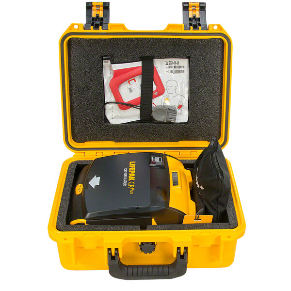 A yellow and black Watertight Hard Case with a Physio-Control LIFEPAK AED inside.