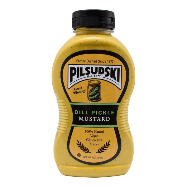 A 12 oz. squeeze bottle of Pilsudski dill pickle mustard.