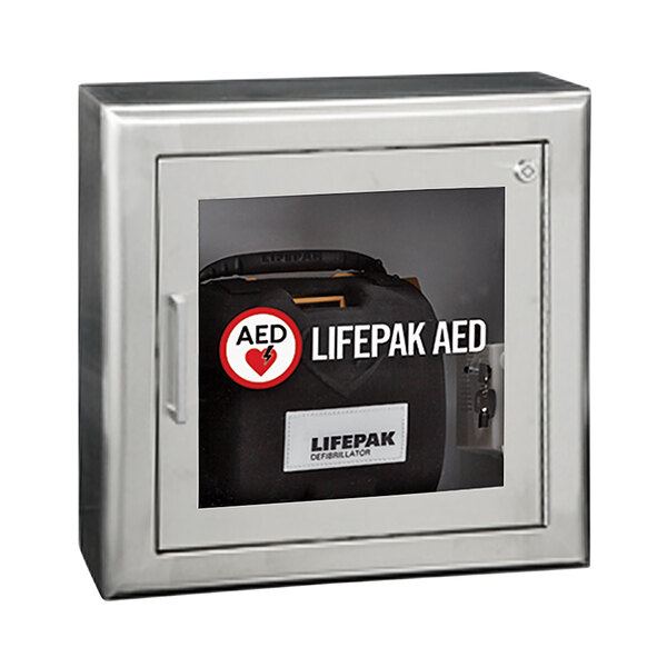 A silver metal box with a black and white label reading "AED" containing a black box with a red heart and white text.