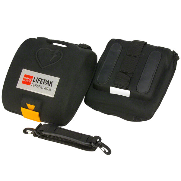 A black Physio-Control soft case with a white label and a yellow handle.