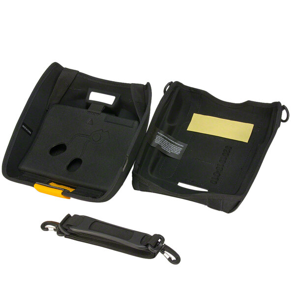 A black case with a yellow label and handle.