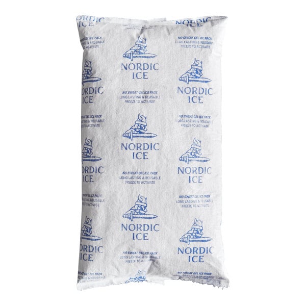 A Nordic Ice 32 oz. no sweat gel cold pack in a white pouch with blue text and graphics.