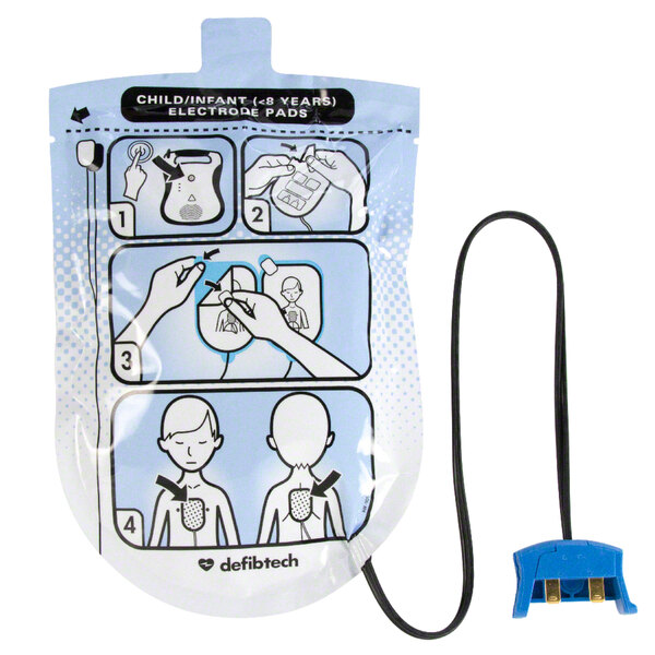 A blue package with instructions for Defibtech DDP-200P Child / Infant Electrode Pad Set.