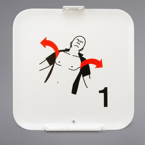 A white square Physio-Control lid with a red arrow pointing to the left.