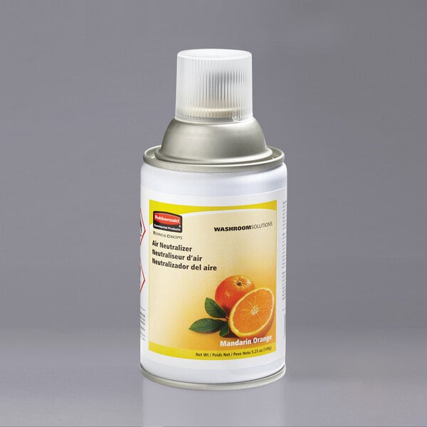 A white Rubbermaid air freshener refill can with an orange label and a silver cap with an orange slice on it.