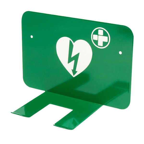 A green Physio-Control AED wall mounting bracket with a heart and cross symbol.