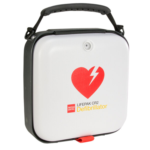 A white semi-rigid case with a red heart on it.