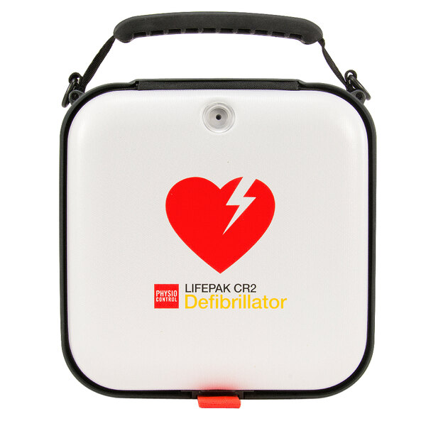 A white semi-rigid case with a red heart and the words "LIFEPAK CR2" on it.
