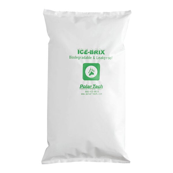 A 32 oz. biodegradable and leakproof cold pack from Polar Tech, labeled 'Ice-Brix.'