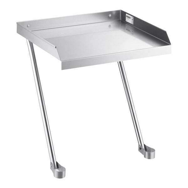 A metal drainboard with two angled support legs and raised edges on three sides.