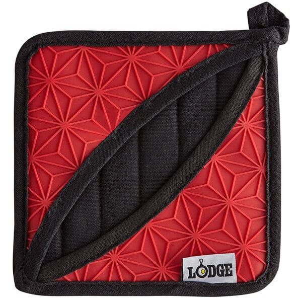 a red and black pot holder