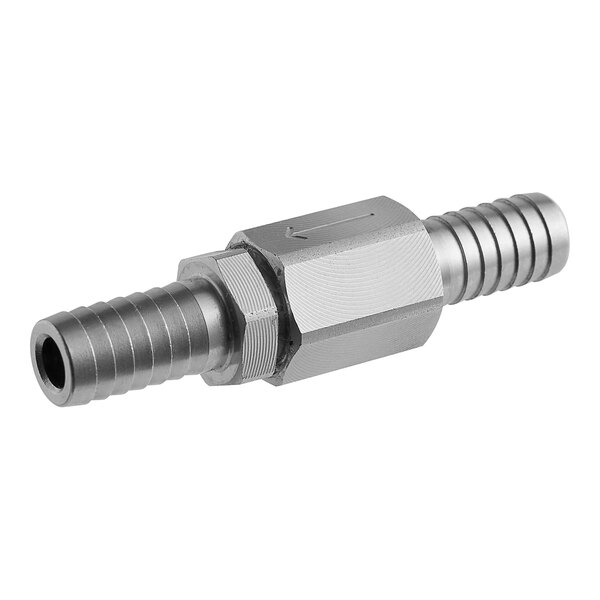 A stainless steel Bunn check valve with a threaded barb.
