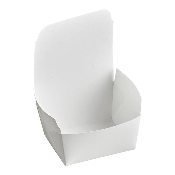 A white paper box with a fold out top.
