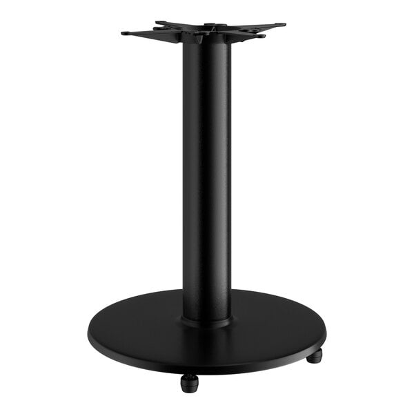 A black Lancaster Table & Seating round table base with a pole.