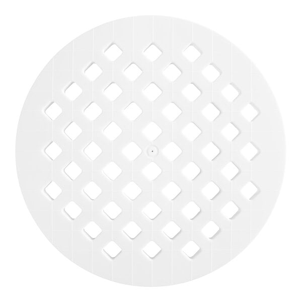 A round, white object with a lattice pattern of diamond-shaped cutouts.