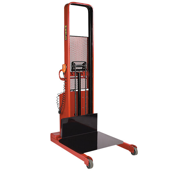 A red and black Wesco Industrial Products hydraulic platform stacker.