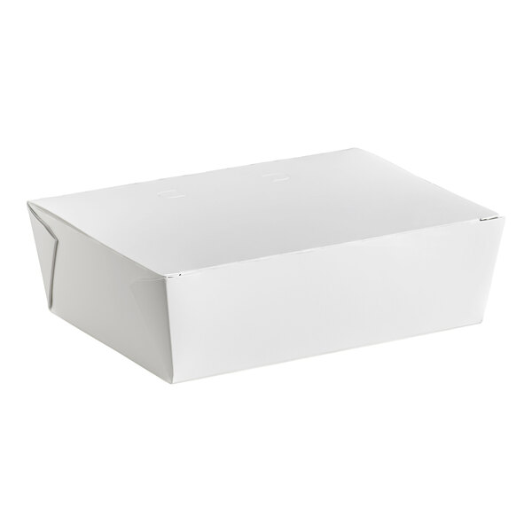 A white Fold-Pak Bio-Pak Dine take-out box with a lid.