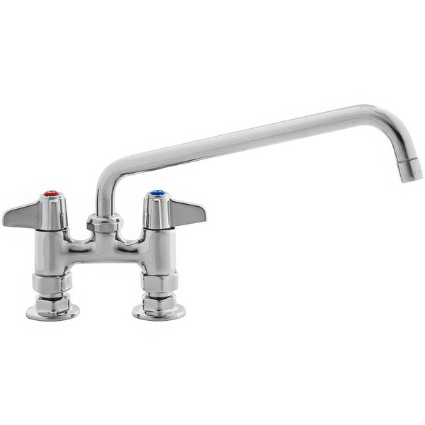 A silver Equip by T&S deck-mounted faucet with two handles and a swivel spout.