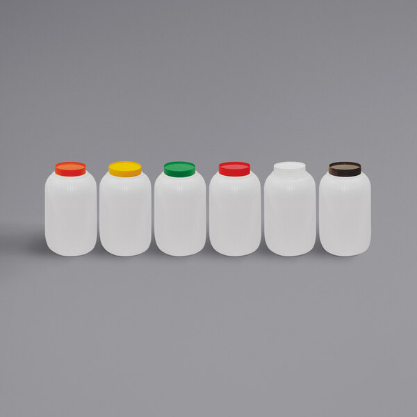A row of Tablecraft white containers with different colored lids.