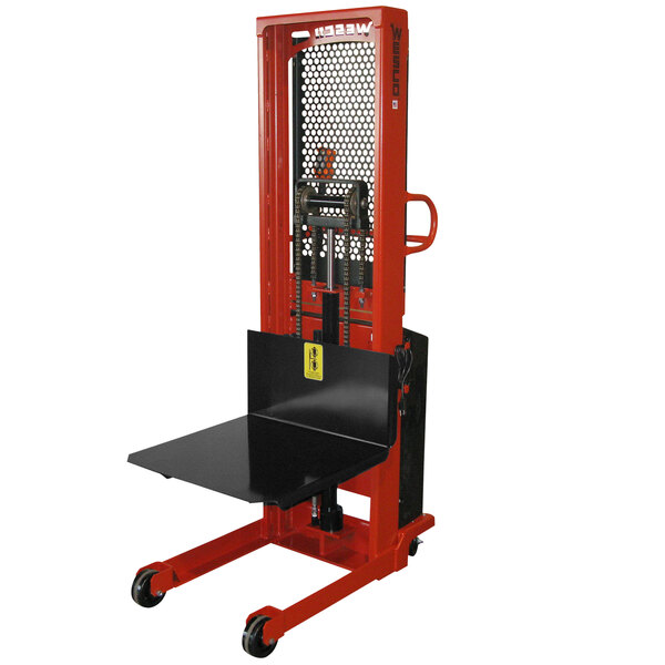 A red and black Wesco lift platform stacker with a 27" x 24" platform.