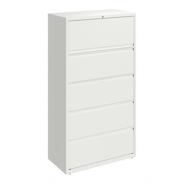 A white five-drawer lateral file cabinet with roll out binder storage.
