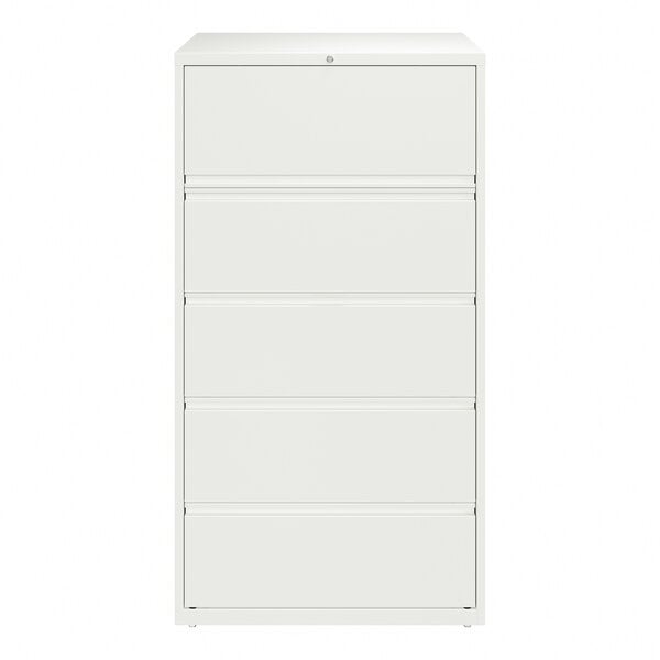 A white five-drawer lateral file cabinet with roll out binder storage.