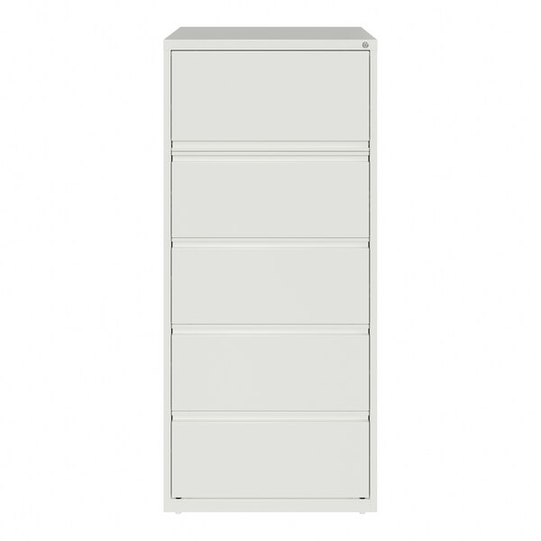 A white five-drawer lateral file cabinet with roll out binder storage.