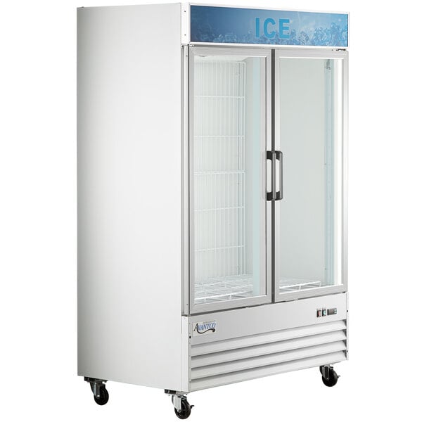 An Avantco white indoor ice merchandiser with glass doors.