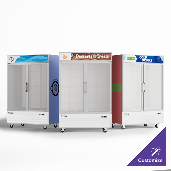 An Avantco white indoor ice merchandiser with customizable glass doors.