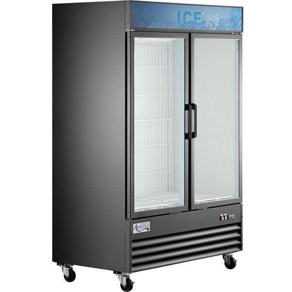 An Avantco black indoor ice merchandiser with glass doors.