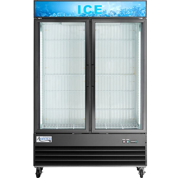 An Avantco black indoor ice merchandiser with two glass doors.