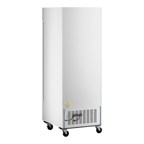 A white indoor glass door ice merchandiser on wheels.