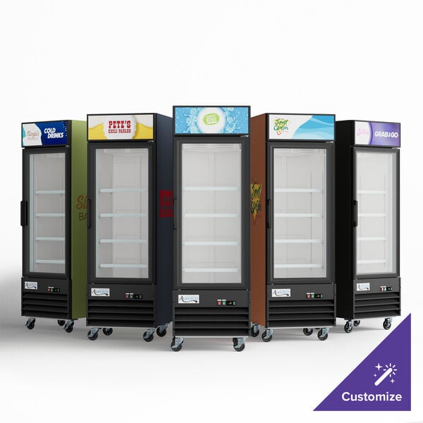 An Avantco glass door freezer with white shelves inside.