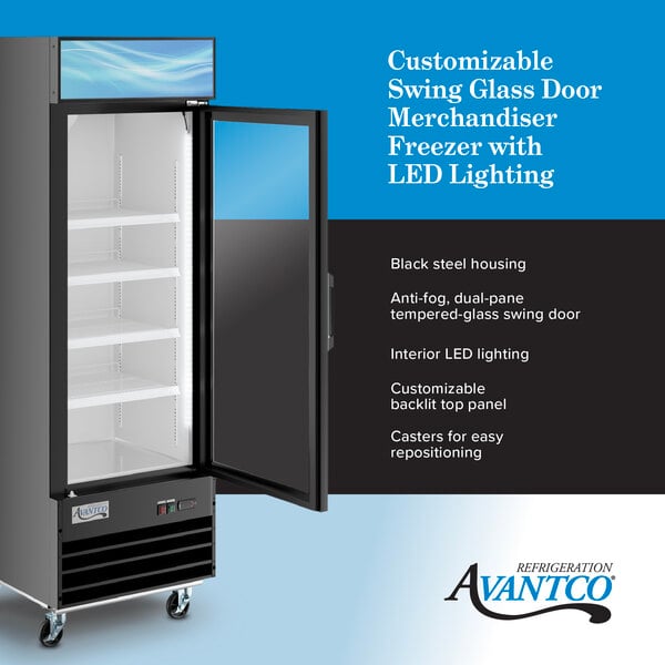 Graphic highlighting glass door freezer with LED lighting and customizable top panel.