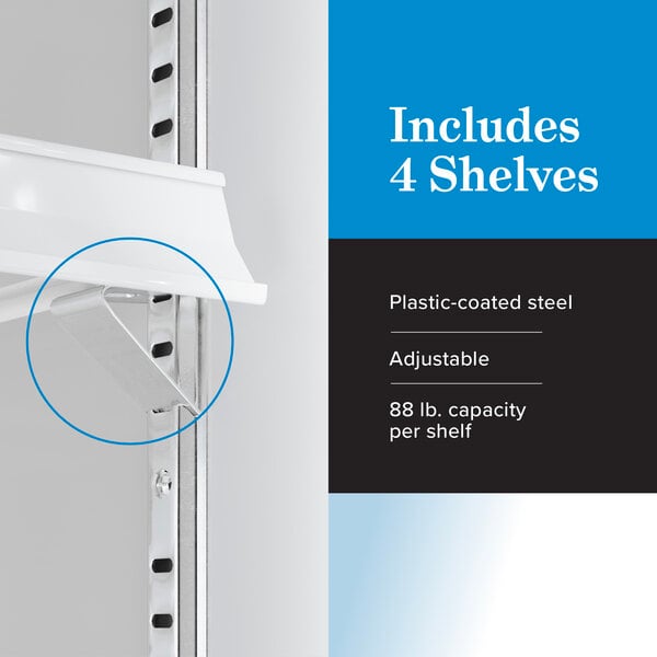 Graphic highlighting 4 adjustable plastic-coated shelves with 88 lb. capacity each.