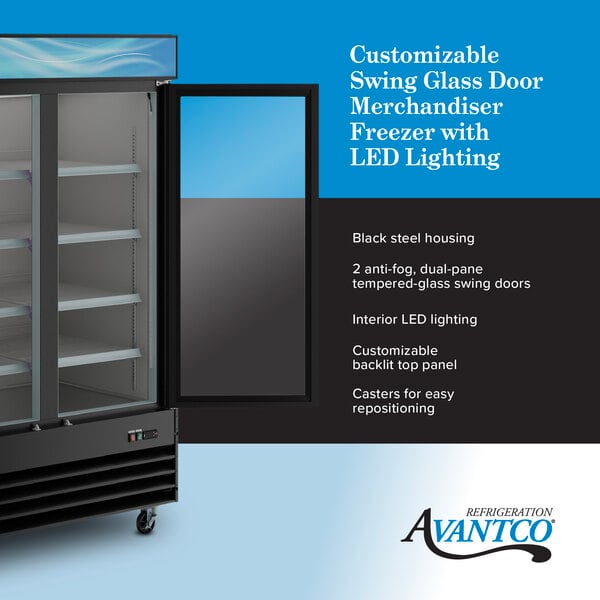 Graphic highlighting glass door freezer with LED lighting and customizable top panel.