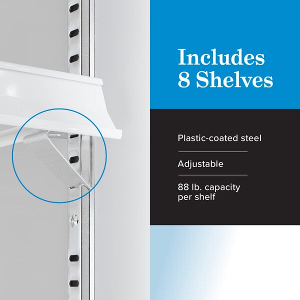 Graphic highlighting 8 adjustable plastic-coated shelves with 88 lb. capacity each.