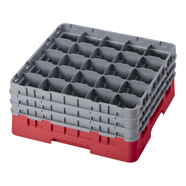 A red Cambro plastic rack with 25 compartments and 3 gray extenders.
