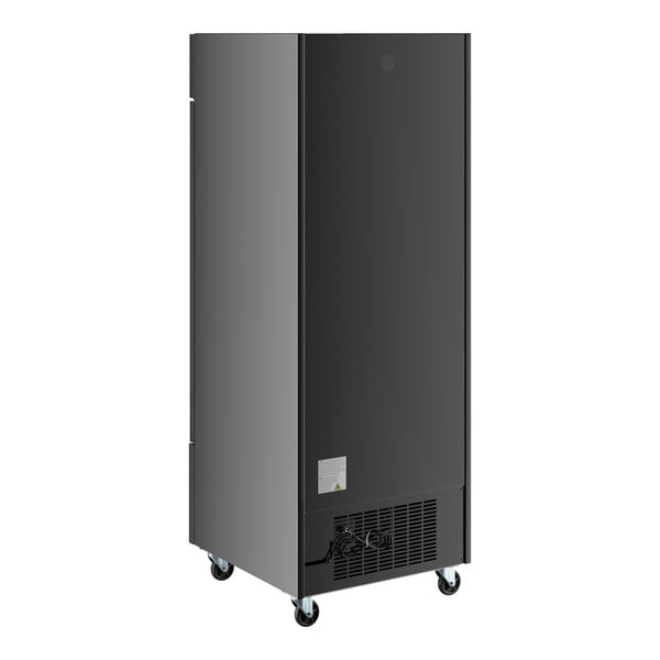 A black rectangular Avantco glass door freezer with wheels.