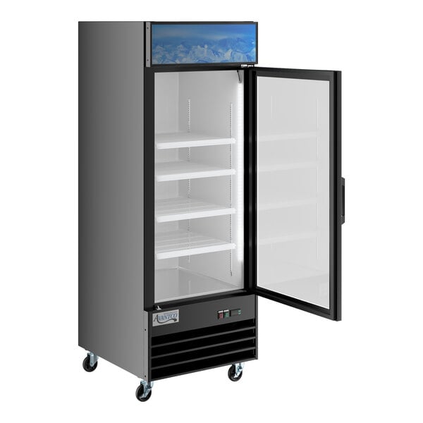 A black Avantco glass door freezer.