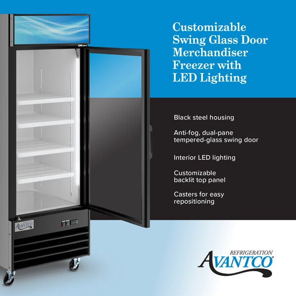 Graphic highlighting glass door freezer with LED lighting and customizable top panel.