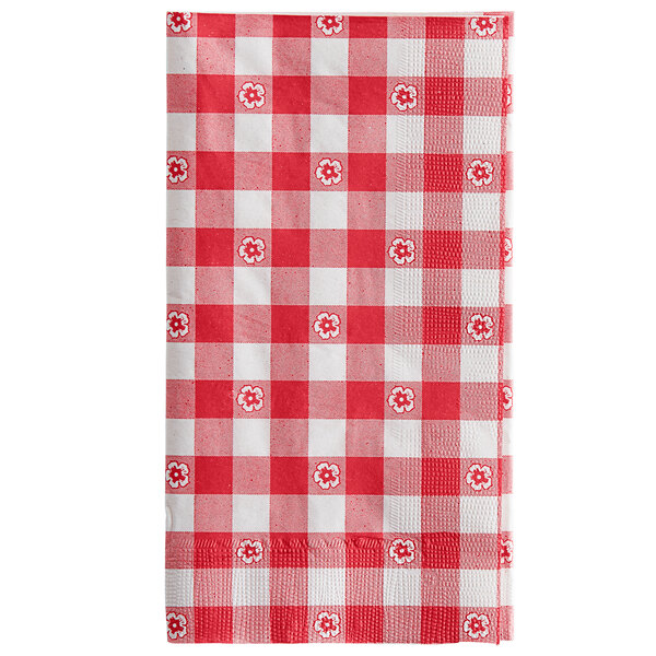 A pack of 125 red and white checkered 2-ply dinner napkins.