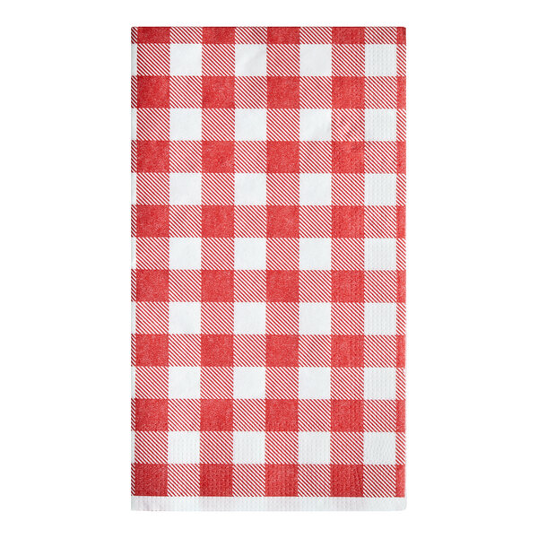 A red and white gingham patterned 2-ply dinner napkin.
