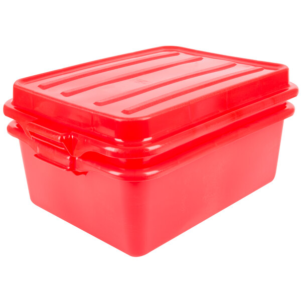 A red plastic Vollrath Traex food storage box with a raised snap-on lid.