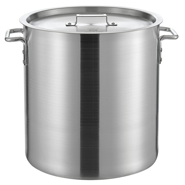 A Choice heavy weight aluminum stock pot with handles and a lid.